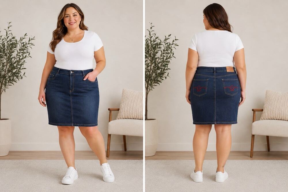 Zoey Beth Women’s Denim Skirt 1X Blue Stretch Jean Skirt Knee Length Plus